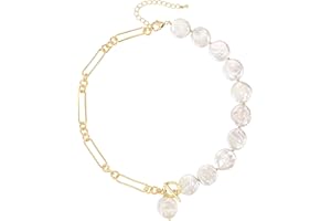 Besalon Baroque Pearl Necklaces White Real Freshwater Cultured Big Flat Pearls 16K/18K Gold Plated Pearl Pendant Necklace for Women Coin/Irregular/Rectangular Shaped Pearl Wedding Christmas Gifts