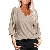 Grlasen Women's 3/4 Sleeve T-Shirt Summer V-Neck top Vintage Cotton Basic T-Shirt