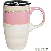 Bosmarlin Ceramic Travel Coffee Mug with Handle and Lid, 18 oz, Portable Coffee Cup for Car Cup Holder, Microwave and Dishwasher Safe, Reactive Glaze (Pink)