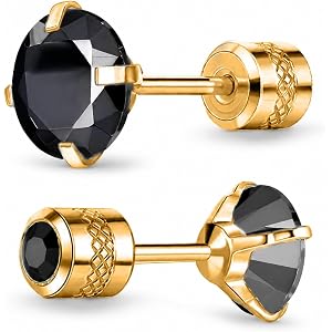 Black Cubic Zirconia Earrings Suitable For Men And Women, Titanium Steel Spiral Back Style, Hypoallergenic 4-Paw Black Earrin