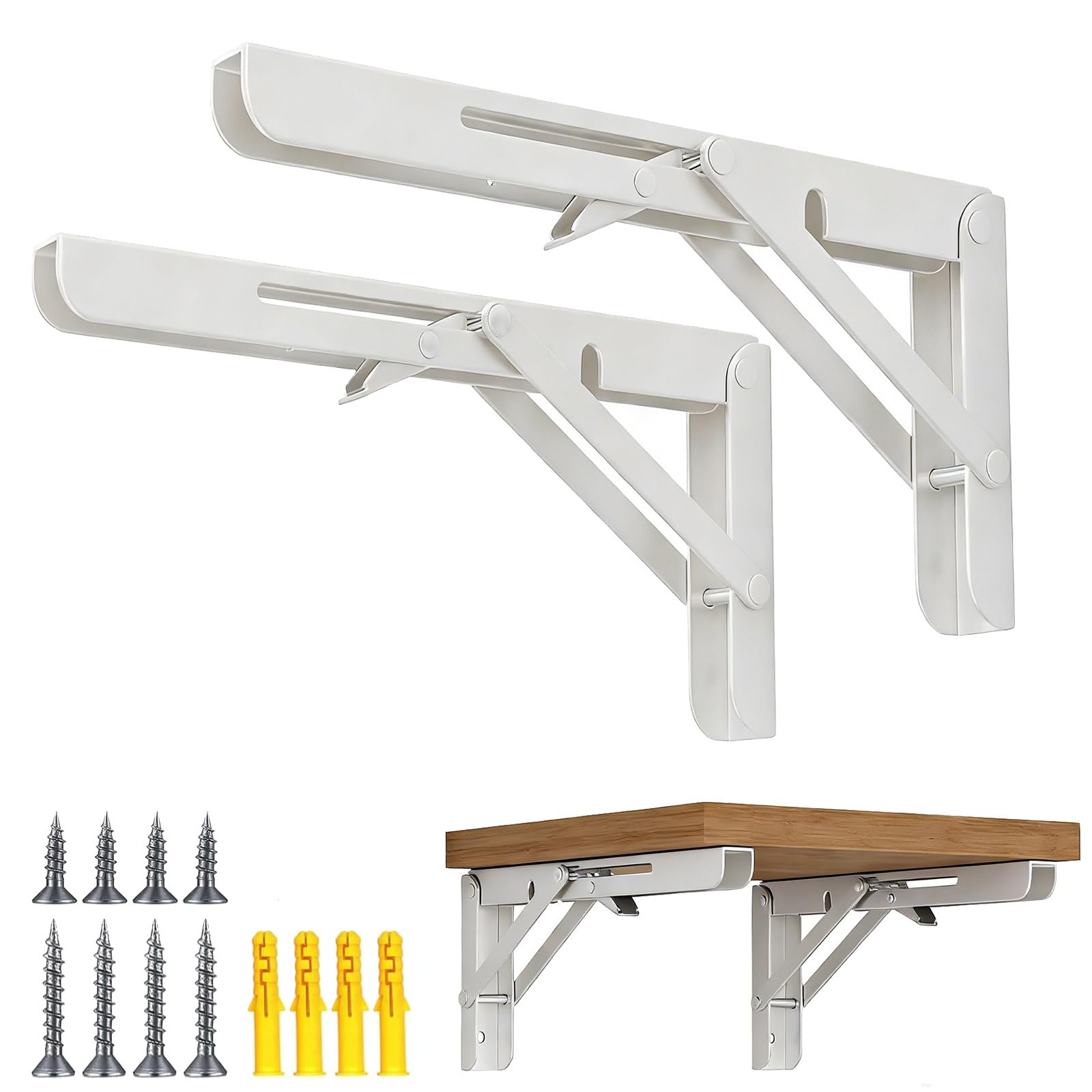 Photo 1 of 2 Pcs 10 Inch White Folding Shelf Brackets, Collapsible Heavy Duty Shelf Bracket Wall Mounted for Table Bench, DIY Wall Bracket with Screws, Space Saving, Max Load 330 lb