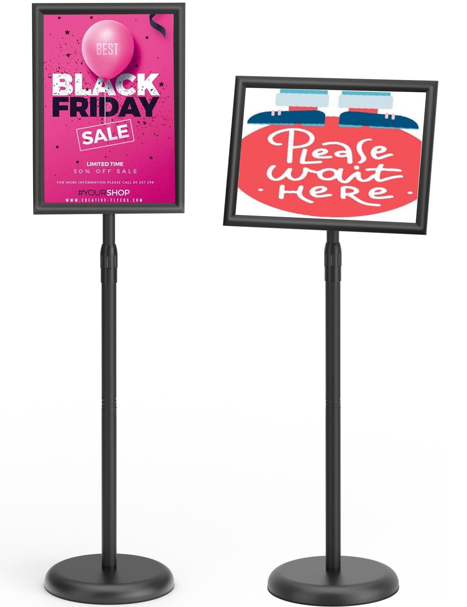 Photo 1 of KOOV Sign Holder 8.5x11 inch-Adjustable Sign Stand for Display, Floor Standing Sign Holder Stand, Pedestal Heavy Duty Poster Stand with Round Base for Display, Advertisement, and Outdoor (1Pack)
