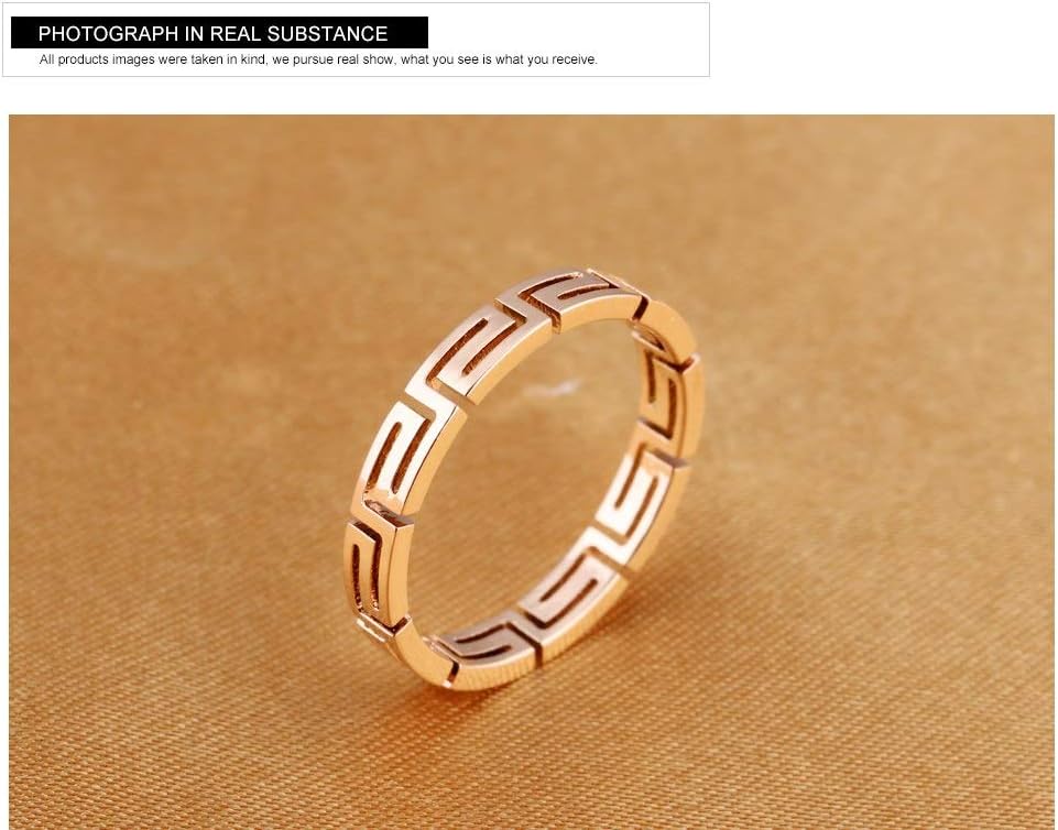 Nutchanan Rose Gold Color Stainless Steel Steel Greek Fret Meander Ring for Women Fashion Jewelry Engagement Ring Wedding Band (9)