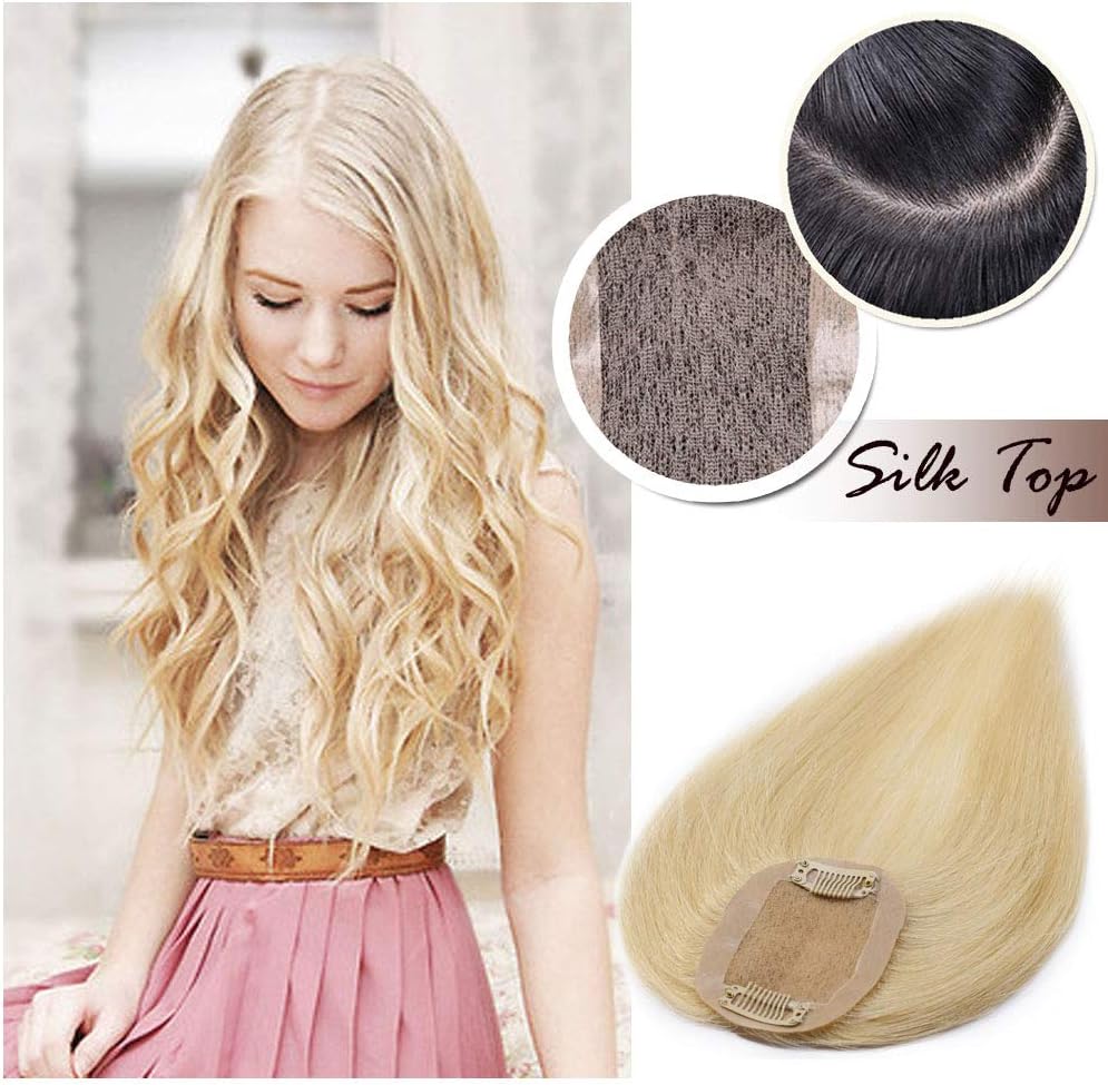 Silk Base Women Topper 6 inch Bleach Blonde Clip in Top Hairpiece Middle Part Crown Topper with Thinning Hair Hand-made Toupee Wiglet(6",#613)