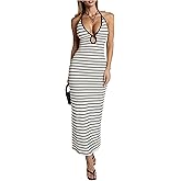 Milumia Women's Knitted Striped Backless Cut Out Halter V Neck Dress Sleeveless Bodycon Maxi Dresses