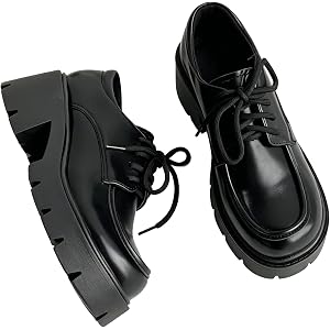 Women's Black Leather Platform Chunky Heel Oxfords Round Toe Lace Up Lug Sole Dress Shoes Fashion Work Business Shoes