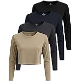 Real Essentials 4 Pack: Women's Cotton Long Sleeve Crew Crop Top - Casual Cropped T-Shirt (Available in Plus Size)