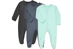 Aablexema Baby Zipper Pajamas Bamboo Rayon, 3pcs Unisex Infant Onesie with Mitten Long Sleeve Footed Pjs