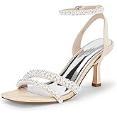 Coutgo Womens Pearl Kitten Heels Sandals Square Open Toe Dress Sandals Ankle Strap Satin Wedding Party Summer Sandals