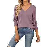 QUALFORT Women’s Lightweight V Neck Knit Sweaters Soft Long Sleeve Tops for Fall Winter 2026