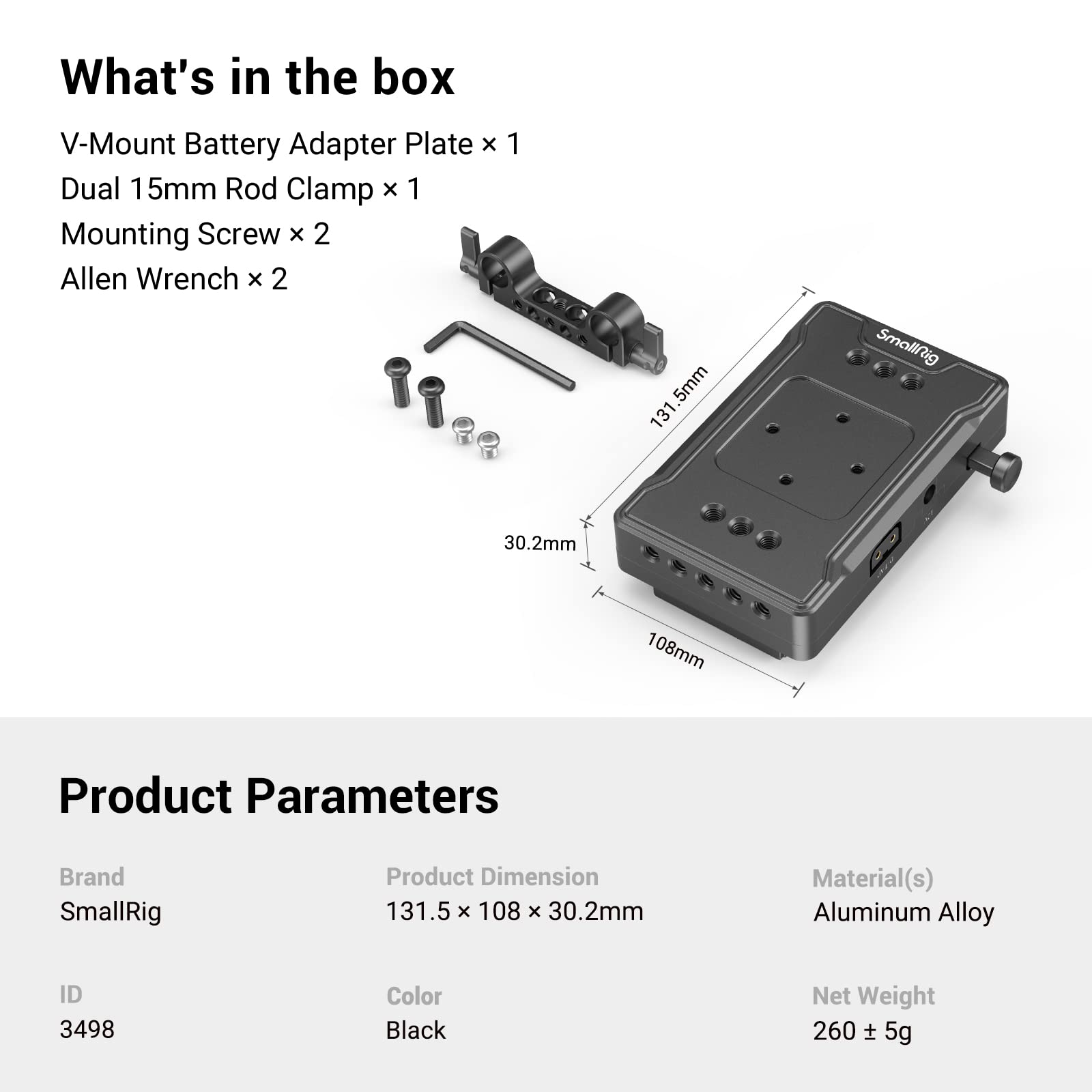 SmallRig V-Mount Battery Adapter Plate, V-Lock Battery Plate with Dual D-TAP and DC Ports, 15 mm Rod Clamp and 1/4