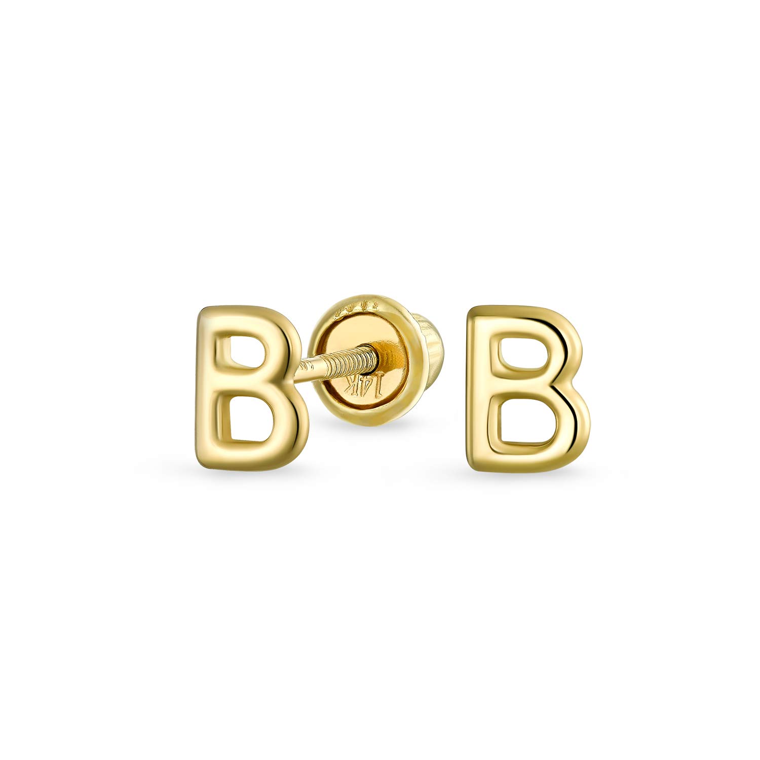 ABC Minimalist Real Yellow 14K Gold Capital Block Alphabet Letter B Initial Stud Earrings Safety Ball Screw Back For Teen For Women — image 1