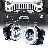 Xprite 4 Inch LED Fog Lights | w/White Halo Ring Angle Eye DRL 60W CREE Round Fog Light | for Jeep Wrangler JK 2007-2018 Off Road Fog Lamps | Front Bumper Replacements Foglights
