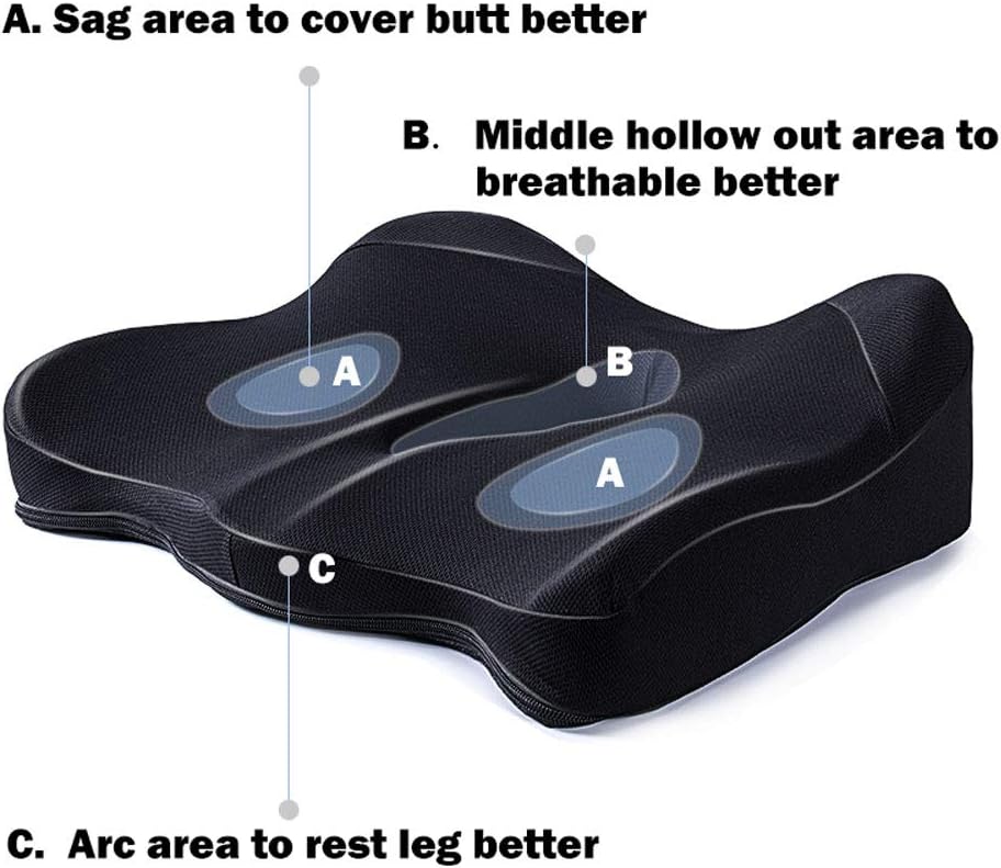CSJT Seat Cushion 100% Pure Memory Foam Office Chair Cushion, Washable & Breathable Cover, with 3D Contoured Eye Masks, Tail Bone Pressure Relief, for Car, Wheelchair, Yoga Meditation Cushion, Black: Home & Kitchen
