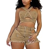 YOUFE Womens Sexy Denim 2 Piece Outfit Stretchy Crop Tank Top Bodycon Shorts Set Hollow Out Jean Vest Club Tracksuit Summer
