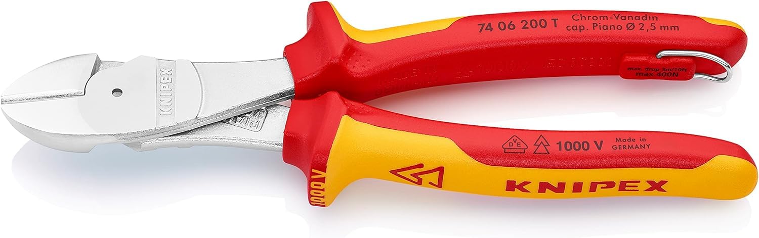 KNIPEX High Leverage Diagonal Cutter in Blister Chrome-Plated Insulated with Multi-Component Grips with Integrated Insulated Tether, 74 06 200 T BK
