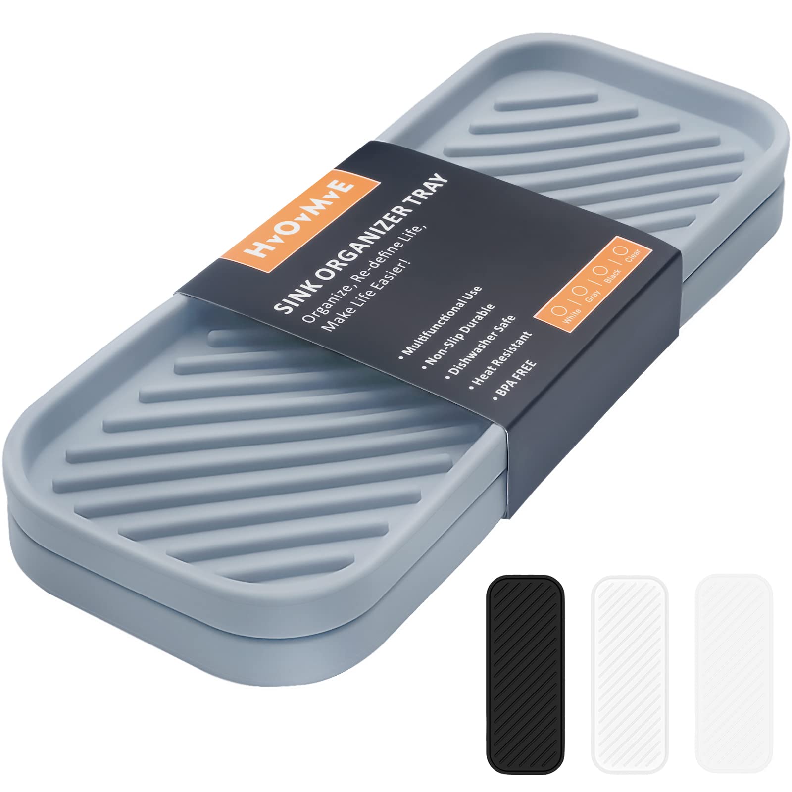 HvOvMvE Silicone Organiser Caddy, Kitchen Sink & Bathroom Holder for Sponge, Dish Brush and Soap Dispenser (Gray 2 Pack, 23.5x9.2cm)