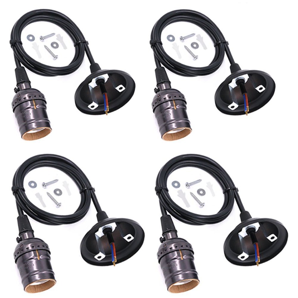 Swpeet 4 Pcs Vintage Edison Light Socket Screw Bulbs Light Lamp Holder with Wire, E26 / E27 Base Adjustable Black Wire for Kitchens, Dining Rooms, Bars and Restaurants