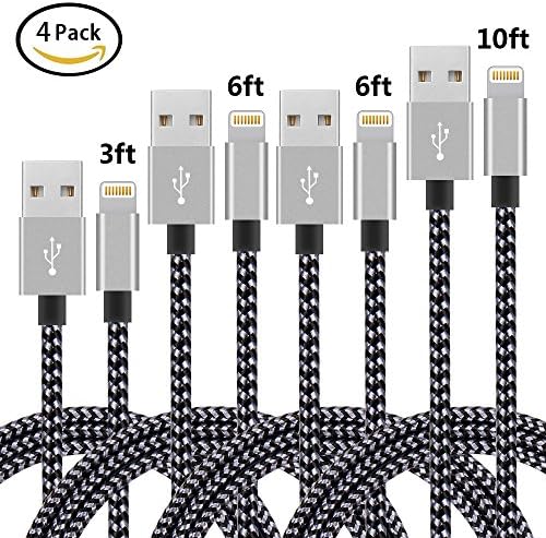 [4 Pack]Lightning Cable, NANMING (3FT 6FT 6FT 10FT) Nylon Braided Charger Cable Cord Lightning to USB Cable Support iPhone 8/X 7/7 Plus/6/6s/6 Plus/6s Plus, iPad Pro/Air/mini,iPod(Black+Gray)