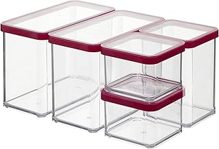 Rotho Loft 5er-Set Vorratsdosen mit Deckel verschiedene Größen, Kunststoff (SAN) BPA-frei, transparent/rot, 2 x 2,1l, 1 x 1,0l, 2 x 0,5l (30,0 x 21,0 x 15,0 cm)