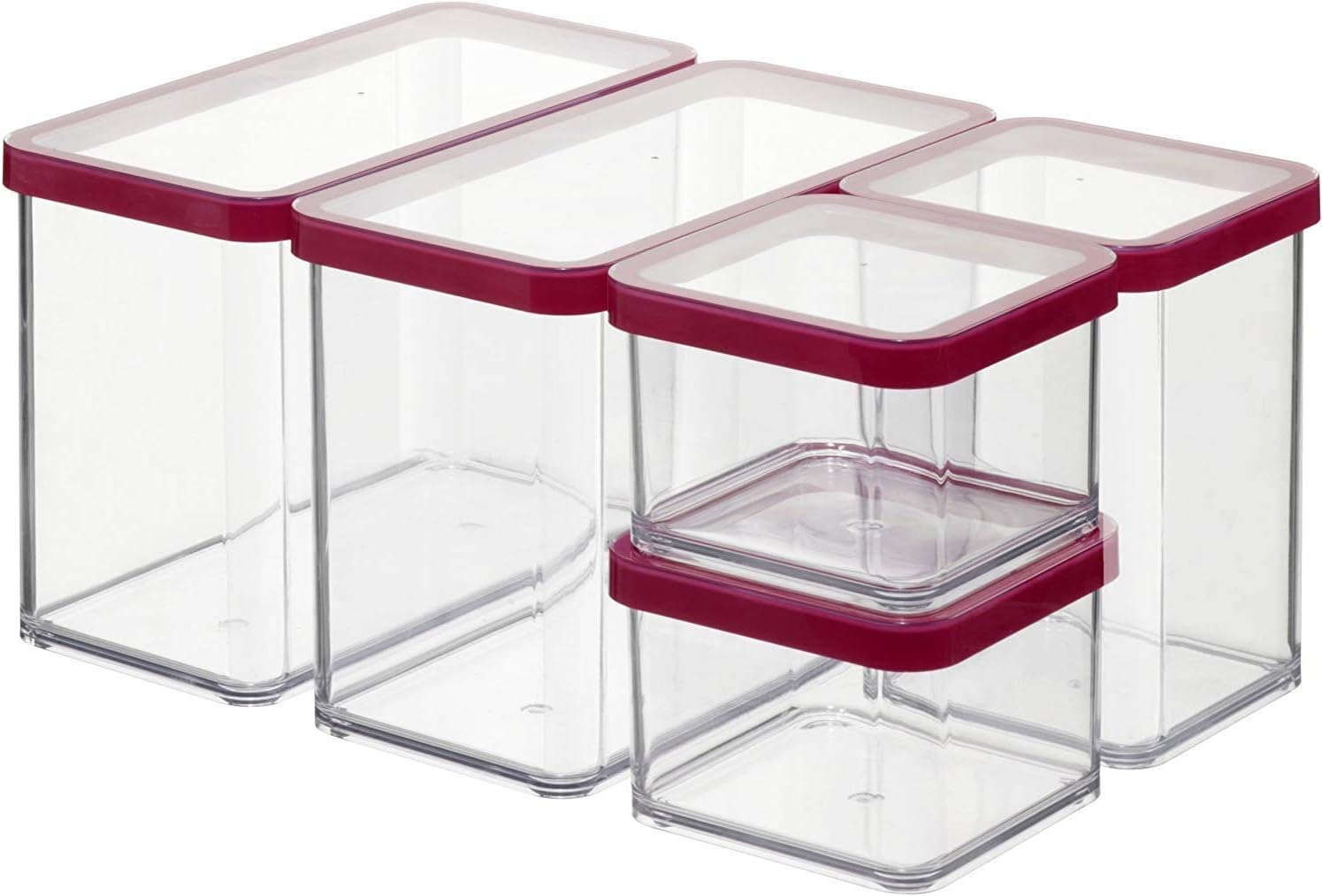 Rotho Loft 5er-Set Vorratsdosen mit Deckel verschiedene Größen, Kunststoff (SAN) BPA-frei, transparent/rot, 2 x 2,1l, 1 x 1,0l, 2 x 0,5l (30,0 x 21,0 x 15,0 cm)