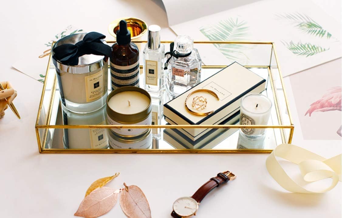 CHICHIC Gold Mirror Tray Jewelry Organizer Vanity Tray Jewelry Tray Perfume Tray Dresser Tray Decorative Tray, Glass Metal Makeup Tray for Bathroom Bedroom Cosmetics Storage, 11.8 x 7.9 Inch: Home & Kitchen