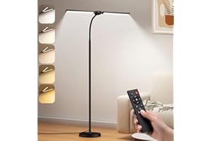 VRIMNOWIT LED Floor Lamp for Living Room, Bright Reading Lamps for Office, Adjustable Colors Temperatures&Brightness, Dual Head Goose-Neck Standing Lamp, Remote and Button Control, Eye Caring Tall Lamp, Black