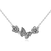Vintage Silver Butterfly Necklace for Women 14K White Gold Plated Flower Butterfly Pendant Necklace Punk Retro Textured Butterfly Charm Choker Necklace Adjustable Insect Trendy Jewelry Gift for Women