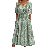 BEYINCUTE Women Summer Dresses Blue Striped 3/4 Sleeve Midi Dress with Side Pockets Casual Pleated Round Neck Dress