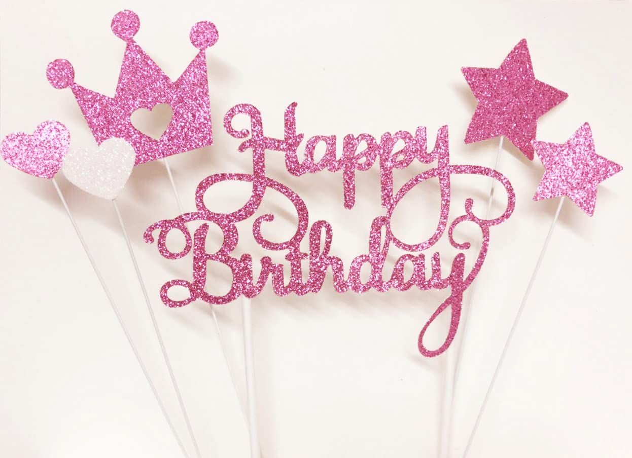 AILEXI Handmade 6 Counts Glitter Cake Decorating Toppers for cupcake and ice-cream - Happy Birthday Glitter Rose Red set