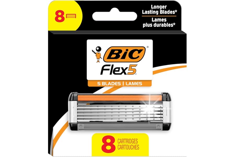 BIC Flex 5 Refillable Razors for Men, Long-Lasting 5 Blade Razors Refills for a Smooth and Comfortable Shave, 8 Razor Cartridges
