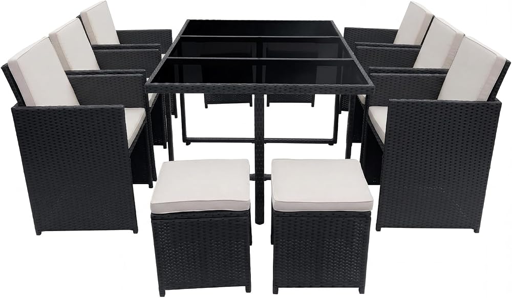 Panana 10 Seater Rattan Garden Dining Set Black with Beige Cushions