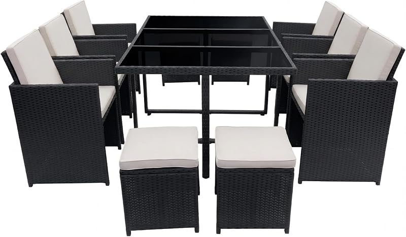 Panana 10 Seater Rattan Garden Dining Set Black with Beige Cushions