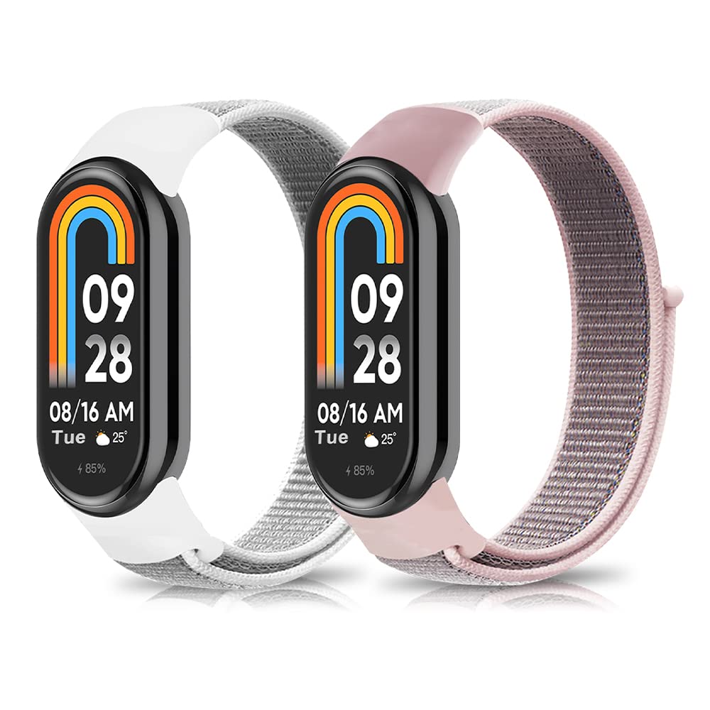 Niboow Strap Compatible with Xiaomi Smart Band 10/9 / 8, Men Women Children Nylon Soft Lightweight Breathable Watch Band for Xiaomi Mi Band 10/9 / 8 - Pink + White
