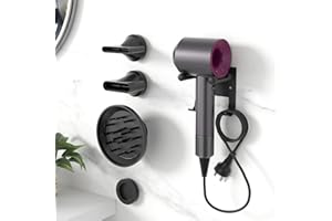 SUSSWIFF Hair Dryer Holder for Supersonic, with 4 Ring for Attachments Accessory Storage, with Wire Organization, Non-Slip Eva Protector, Black, Wall Mounted, Adhesive/Drilling