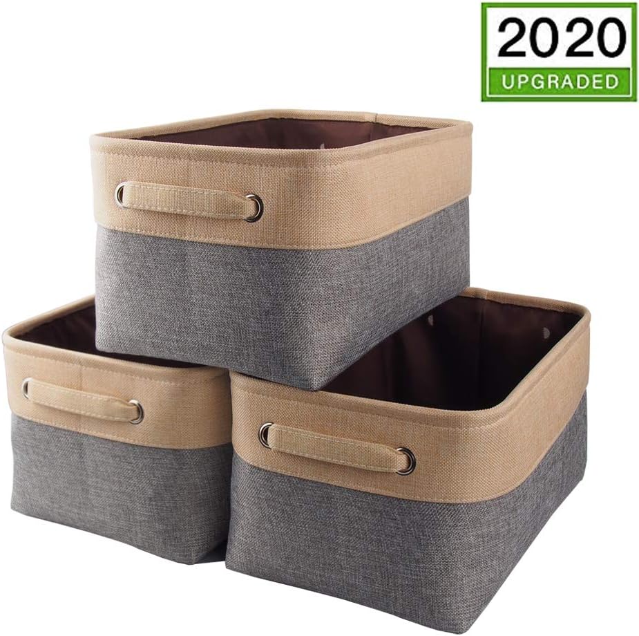 MangataCanvas Storage Box 3 Pack, Fabric Storage Basket with Handles for Cupboards, Shelves, Clothes, Toys (Medium, Foldable, Grey Beige)