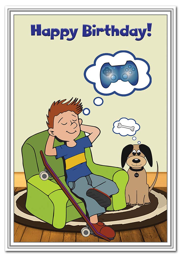 Cool Birthday Card for Boys Teenagers - Happy Bday 10 to 16 year old boy - Gamer & Dog - Funny Cartoon - Unusual Unique Special Greeting – Best Kids Teenage Design - Blank Inside to write own Message