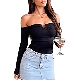 Long Sleeve Off Shoulder Fall Tops for Women Sexy Y2K Ruched Ruffle Cut Out Metal Button Slim Fitted T Shirt Crop Tops