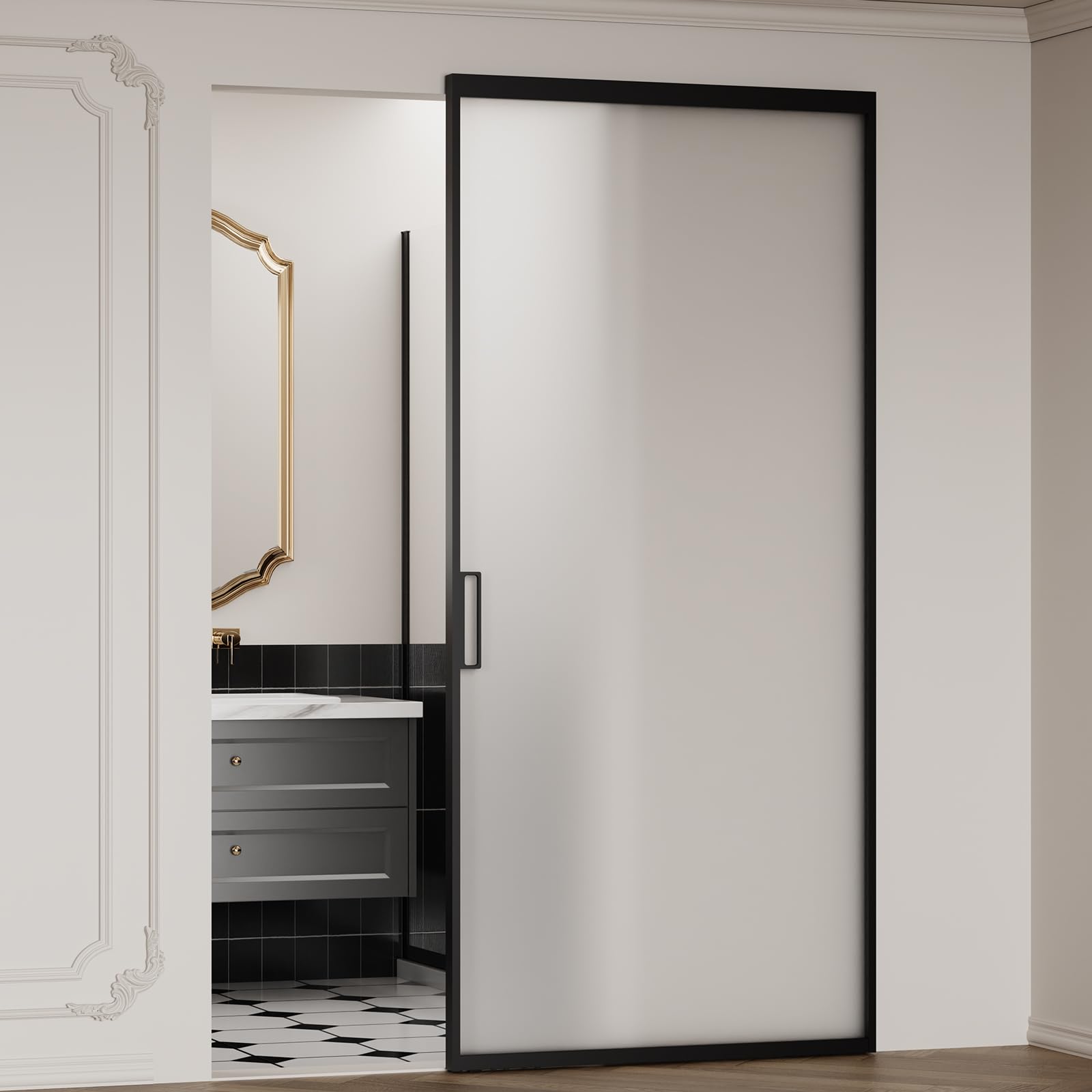 Photo 1 of 40 x 85 in Sliding Barn Door Concealed Rail, Interior Barn Door Matte Black, Easy Assembly Waterproof 5/16 in (8mm) Frosted Tempered Glass Privacy Protect, for 28"-36" Width and 73"-83" Height