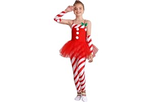 Moggemol Kids Girls Christmas Candy Cane Striped Sequins Jumpsuit Dance Unitard Stage Performance Outfit