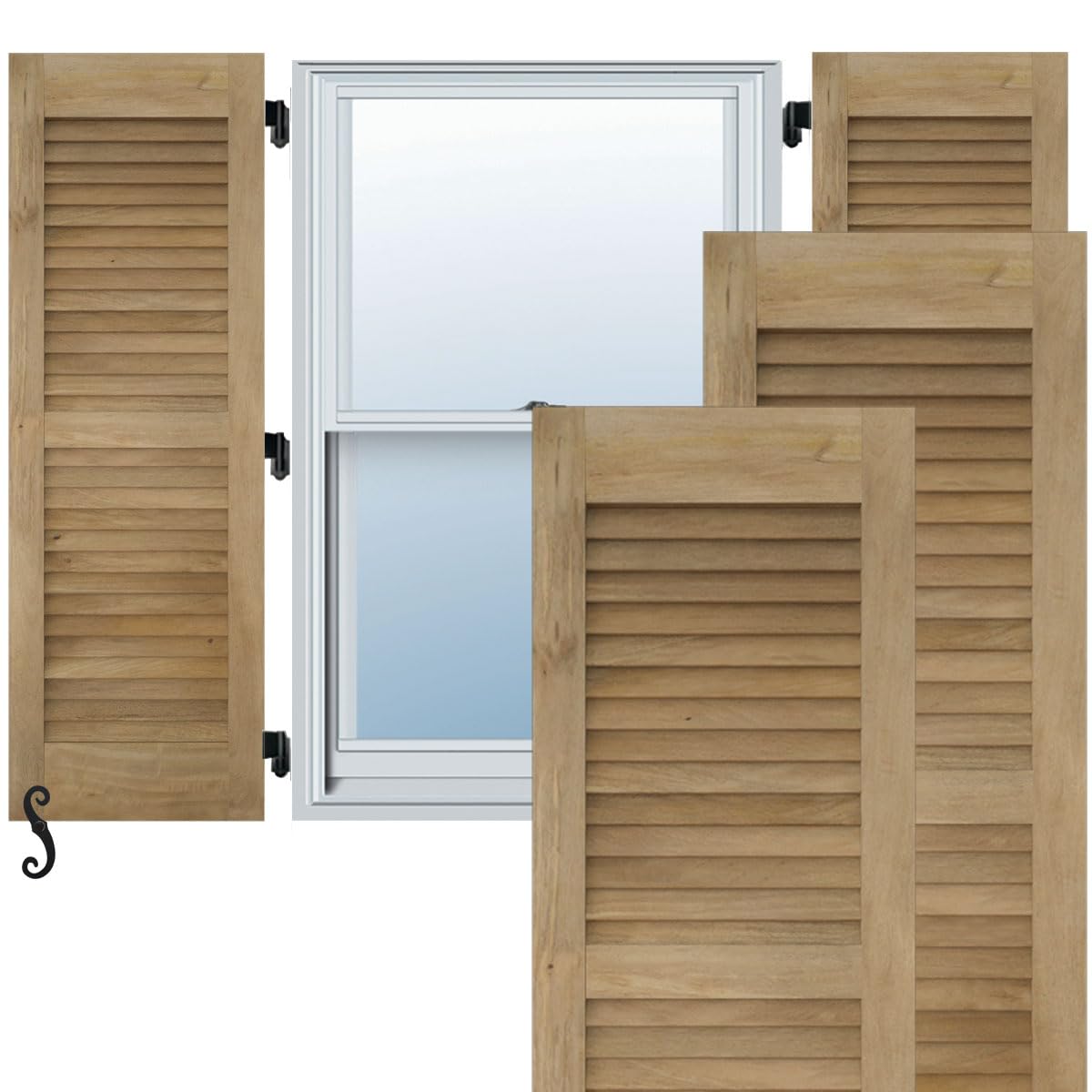 View 1 of 18"W x 56"H Americraft Two Equal Louver Exterior Real Wood Shutters (Per Pair), Unfinished