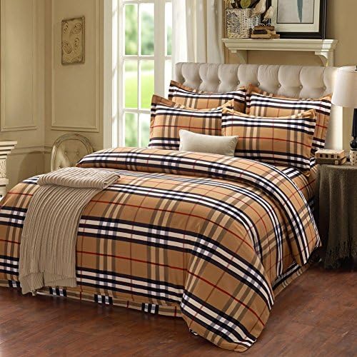 Simplelife Bedding Collection Brown Striped Plaid High Thread 4pc Duvet Cover Set King Size Microfiber Polyester