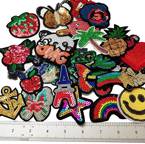 Czorange 29pcs Assorted Sequins Sewing on/Iron on Embroidered Patches for Clothes Jackets Hats Backpacks Jeans; Rainbows Roses Hearts Butterfly Animals Fruits Stars & More - Thumbnail 2
