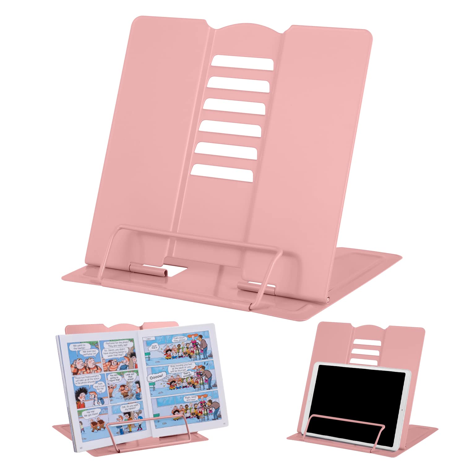 Morandi Pink Metal Book Holder - Lightweight, Adjustable, Portable Cook Book & Tablet Stands