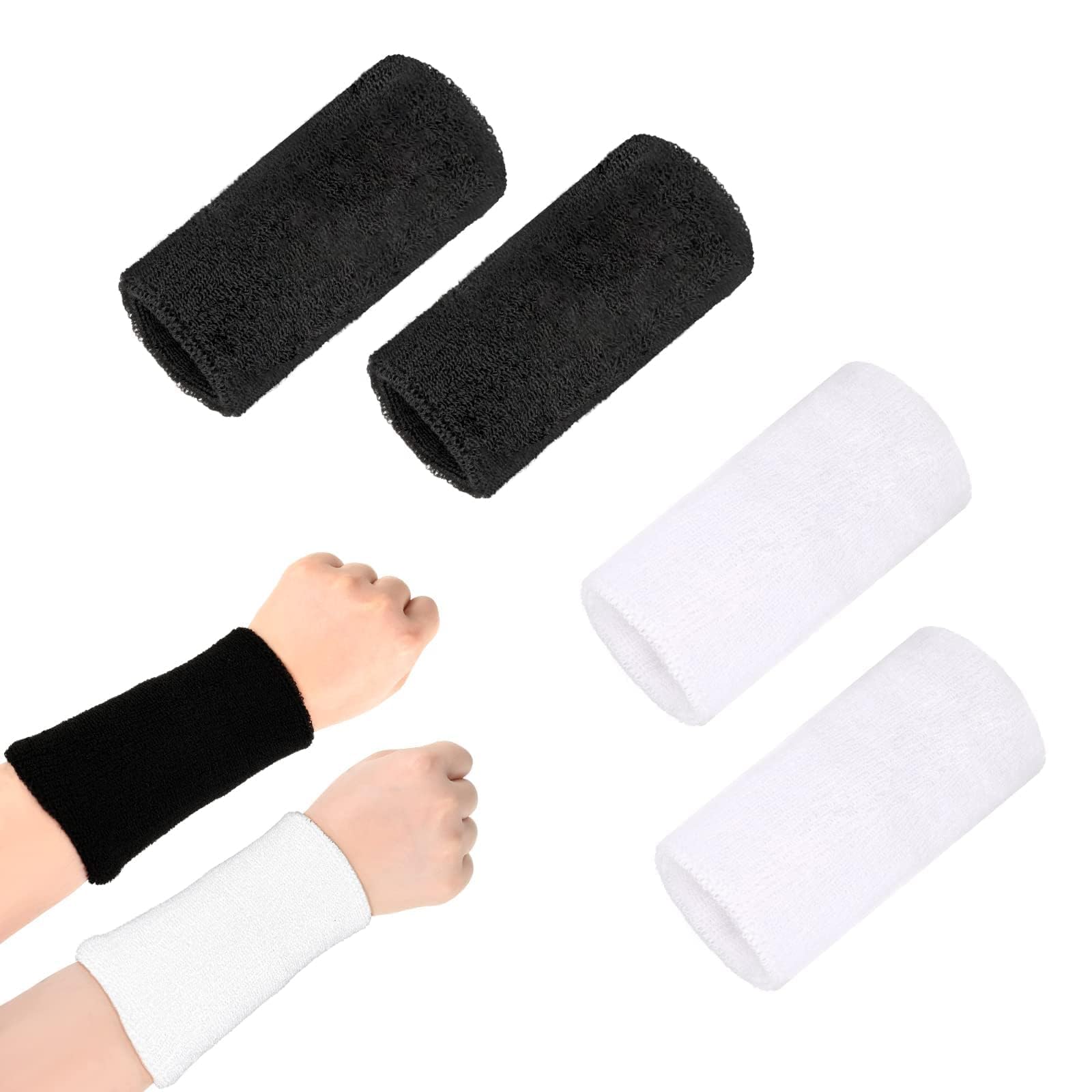 4 Pack Sweatbands Wristbands,Sweat Bands Extended 6Inch 15x8cm for Men Women Gymnastics Tennis Running Sports,White+Black