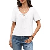 vinglam Women's 100% Linen Pure Tie Neck Tops Summer Blouses