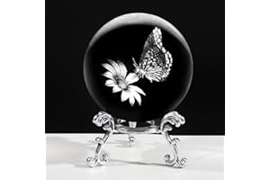 PYJ3DLAMP 3D Butterfly Crystal Ball with Stand Lase Engraved Glass Sphere Paperweight Butterfly Decor Gift