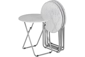 Fleecy day TV Trays Table Set of 4 Round Portable Folding TV Tray Table TV Dinner Tray with Sturdy MDF, No Assembly Required, 17.5 x 17.5 x 26 in (White Marble, 4Pcs)