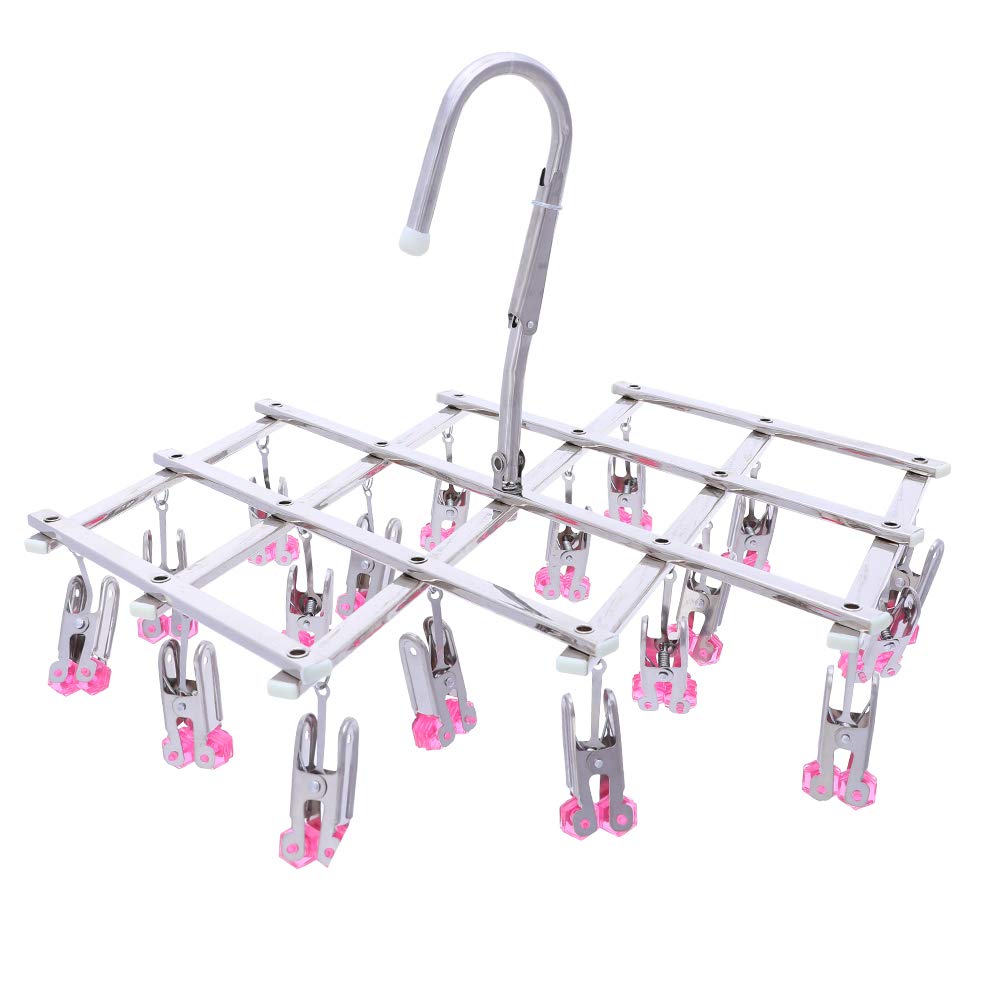 Qinglele Stainless Steel Drying Rack, Foldable Portable Windproof Drip Hanger With 18 Pegs for Underwear Socks Bra Panty Gloves, Quickly Remove Clothes, Red