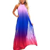 Paintcolors Women's Casual Halter Sleeveless Pleated Long Maxi Dress Backless Loose Ombre Summer Beach Chiffon Flowy Sundress